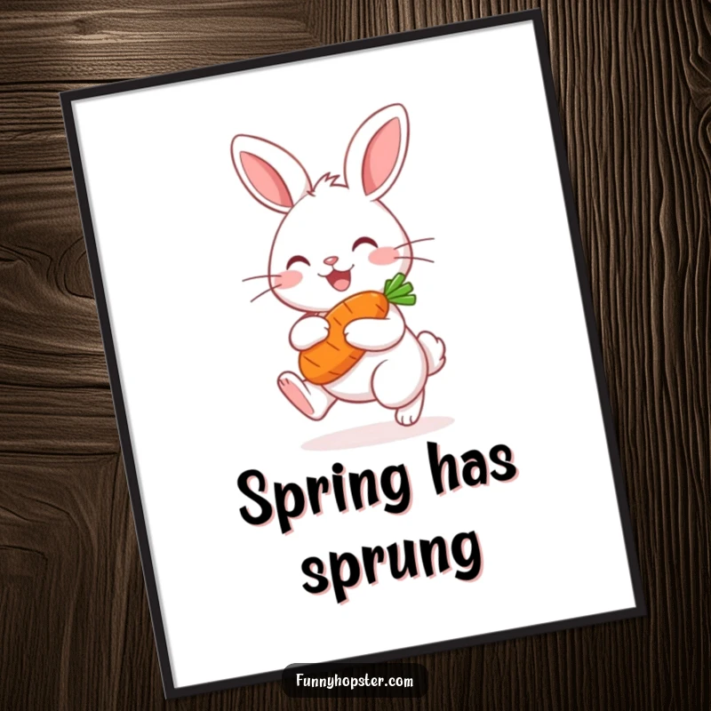 Funny Kawaii Rabbit Digital Art: High-resolution printable featuring a happy hopping bunny with a carrot, for wall art.