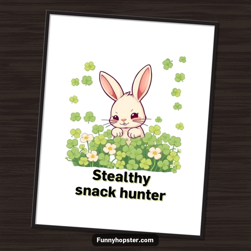 Funny digital art print of a rabbit hiding in clover, conveying playful mischief and charm.
