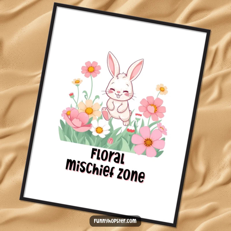 Funny digital art print of a playful rabbit with a mischievous grin hopping through a field of oversized, colorful flowers.