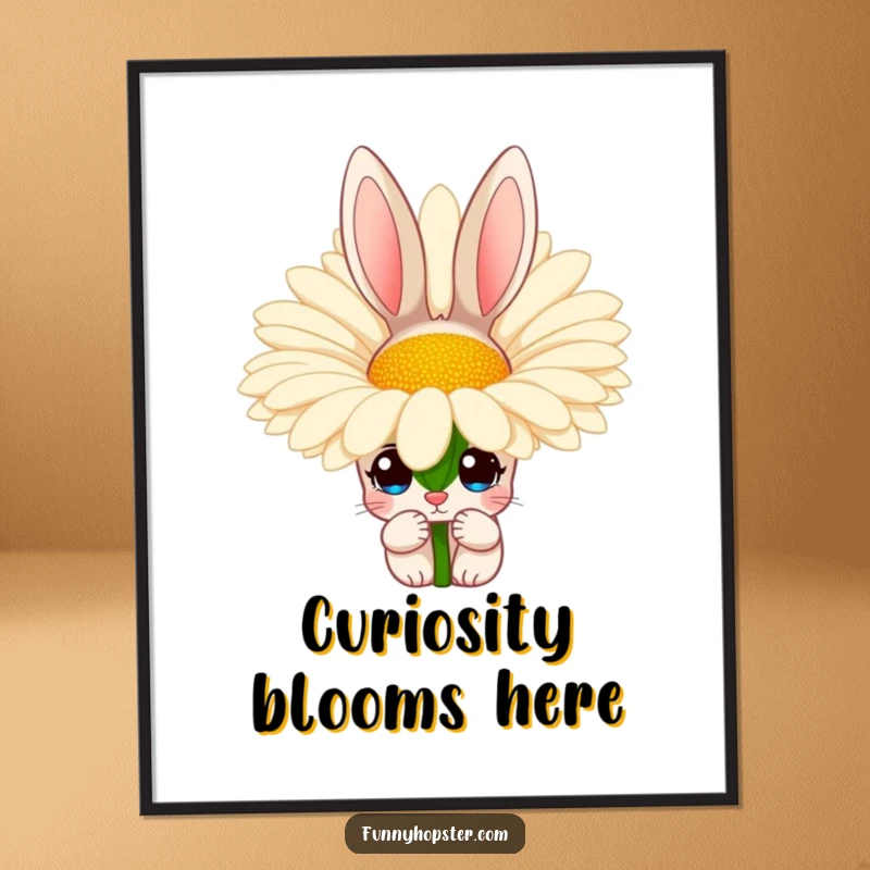Funny digital art print of a rabbit with wide, curious eyes peeking from behind a large daisy, perfect for whimsical decor.