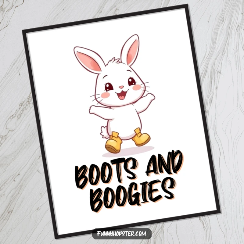 Funny digital art print of a smiling rabbit wearing tiny boots, engaged in a delightful and happy dance.