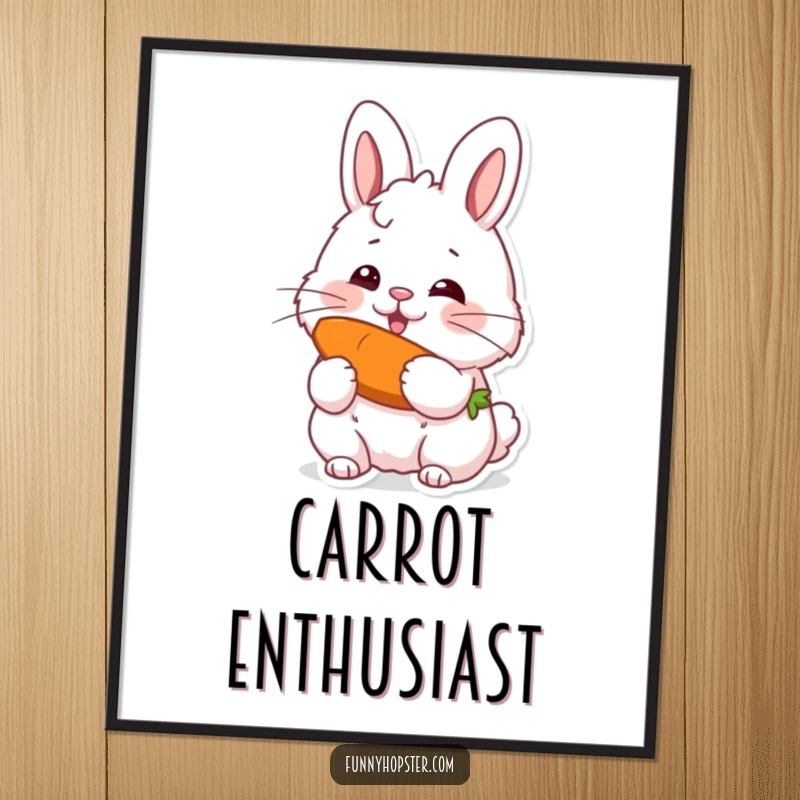 Funny digital art print of a fluffy rabbit with prominent twitching whiskers, joyfully consuming a carrot, suitable for wall decoration.