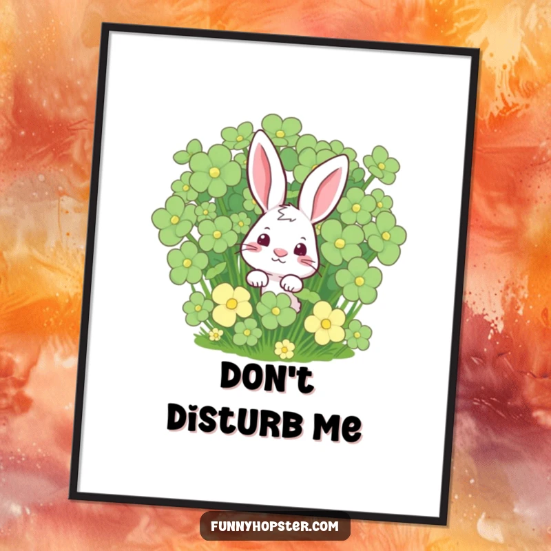 Funny curious rabbit peeking from a giant clover patch, digital art to print, bringing luck and humor, an ideal funny gift.