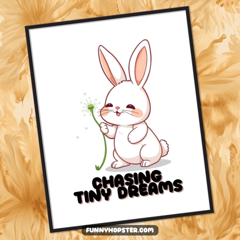 Funny digital art of a rabbit character joyfully batting at a floating dandelion seed, capturing a moment of pure innocence.