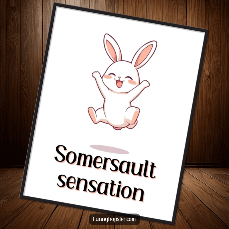 Funny digital art print of a rabbit character performing a joyful somersault with its legs in the air, perfect for dynamic decor.