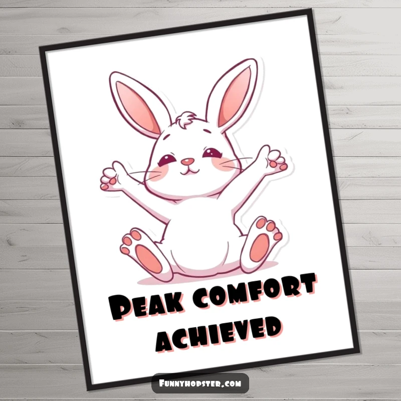 Funny Digital Art Print of a rabbit stretching upwards, embodying relaxation and serene humor for instant home decoration.