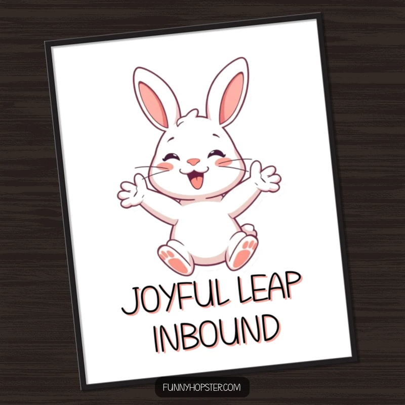 Funny digital art print of a happy rabbit with paws outstretched, ready to spring, conveying energetic joy.