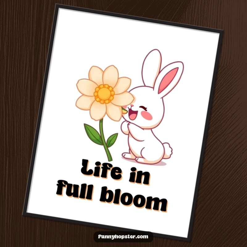Funny kawaii rabbit character excitedly sniffing a giant flower, vibrant digital art for a funny print.