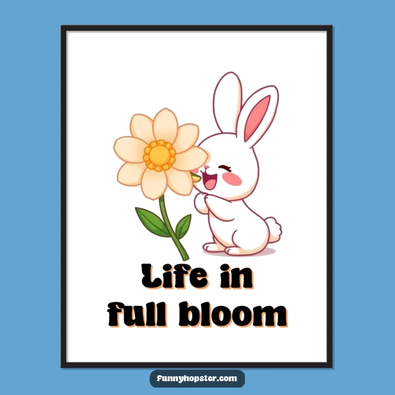 Funny Kawaii Rabbit Flower Sniff Digital Art: Instant Joy for Your Walls