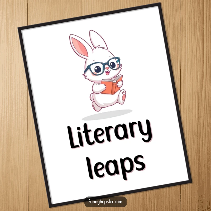 Funny digital art print of a fluffy rabbit in glasses, hopping excitedly with a book, a charming piece for book enthusiasts.