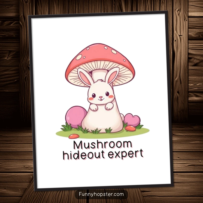 Funny digital art print of a mischievous rabbit peeking from behind a giant mushroom, printable decor.