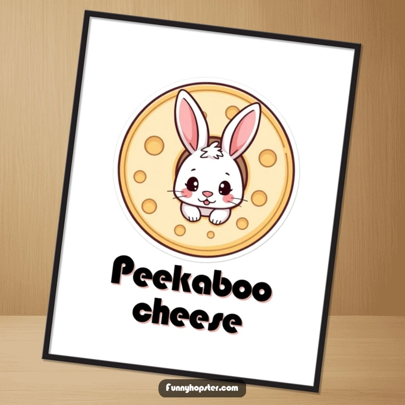 Funny digital art print of a mischievous rabbit peeking out playfully from a large wheel of delicious cheese.