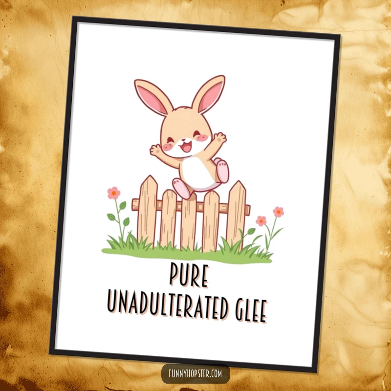 Funny rabbit character leaping with pure delight over a small garden fence, as a downloadable digital art print for instant decor.