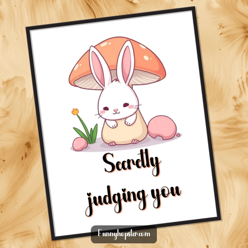 Funny Digital Art Print of a shy rabbit's ears above a mushroom, offering instant cute and humorous wall decor.