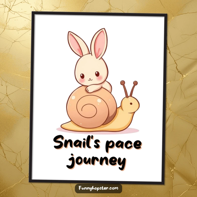 Funny digital art print of a tiny rabbit happily riding on the back of a friendly, slow-moving snail.