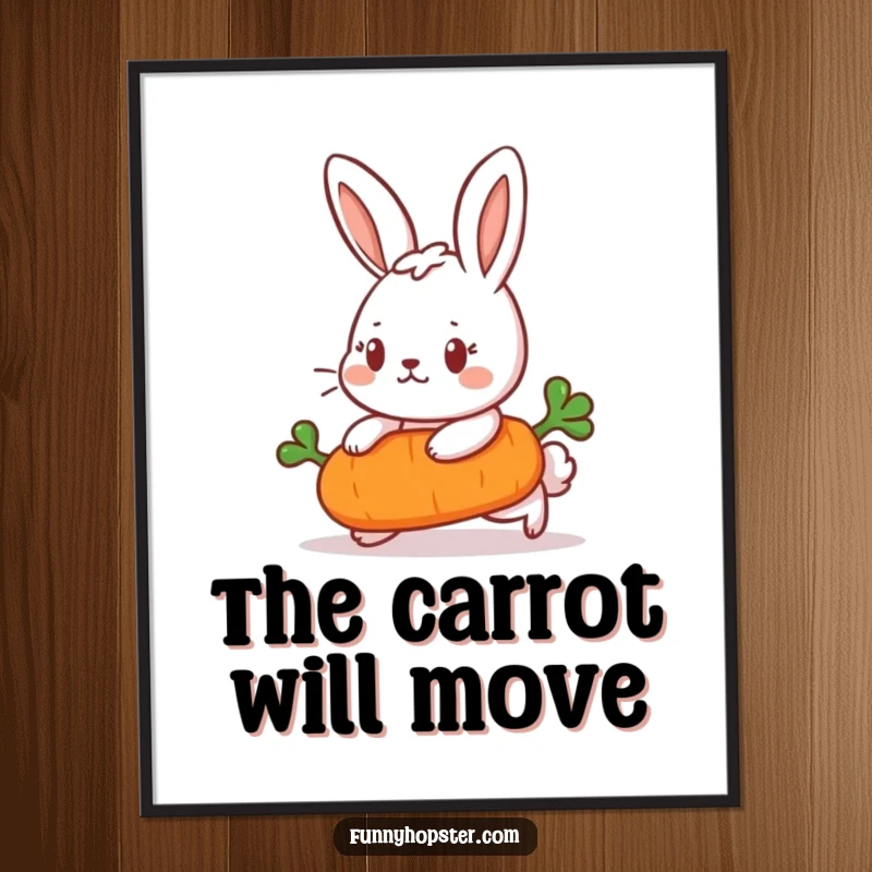 Funny Digital Art Print of a determined rabbit pushing a rolling carrot, offering instant motivational decor with humor.