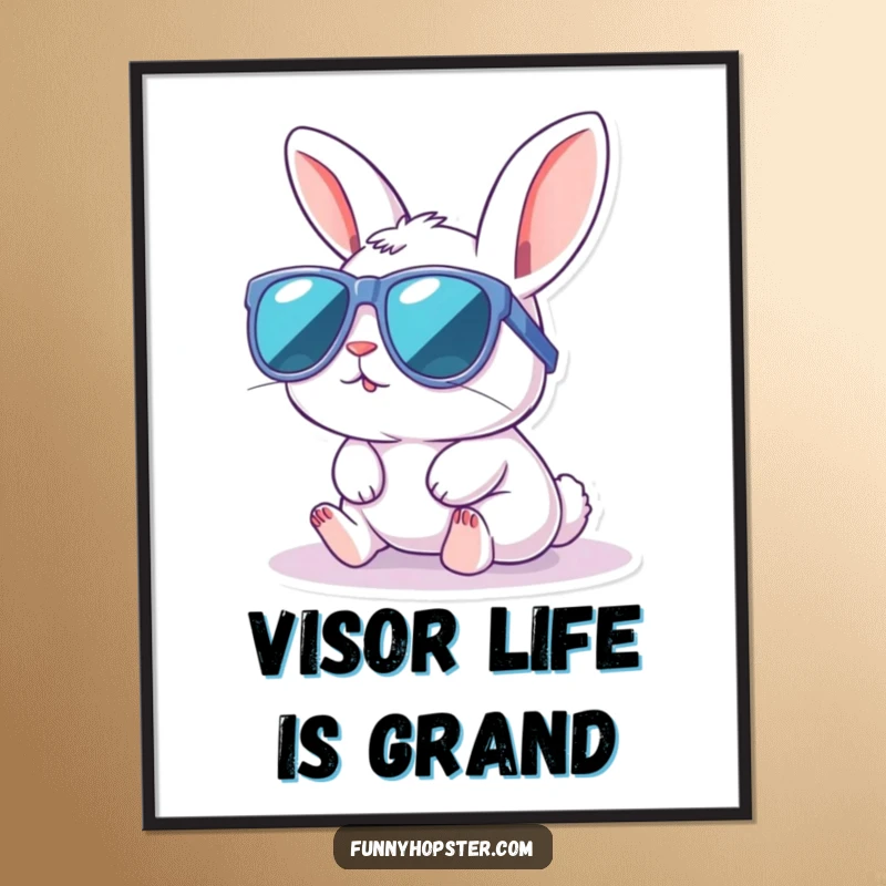 Funny digital art print of a kawaii rabbit wearing sunglasses, enjoying a sunbath, perfect for adding instant cool decor.