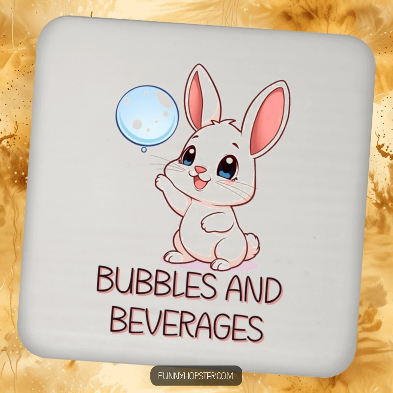 Funny drink coaster of a playful rabbit batting at a floating bubble, adding a touch of bubbly joy and protection.