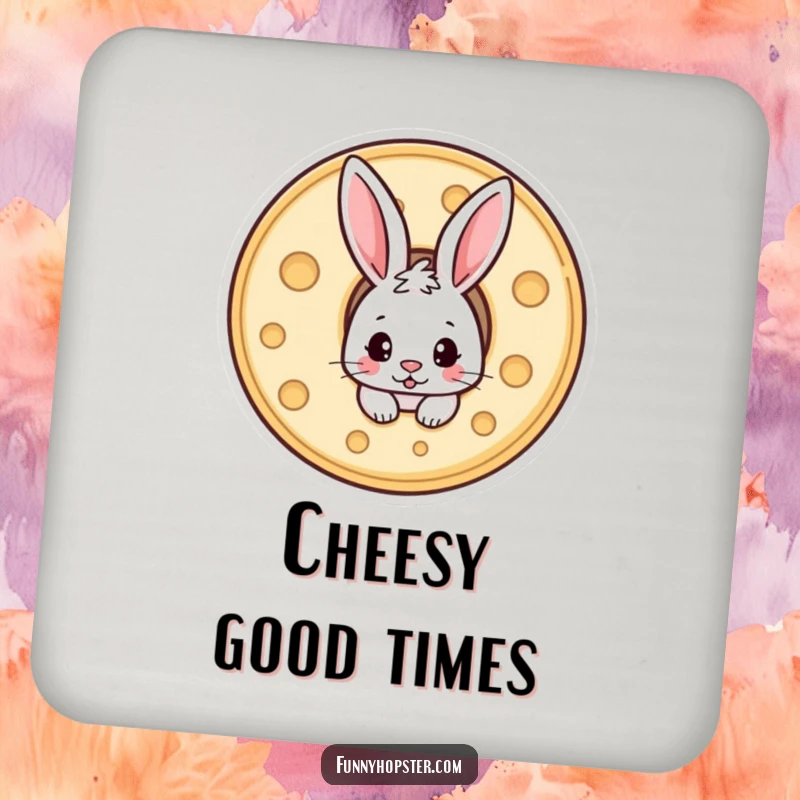 Funny drink coaster featuring a mischievous rabbit peeking out from a wheel of cheese, protecting your table.