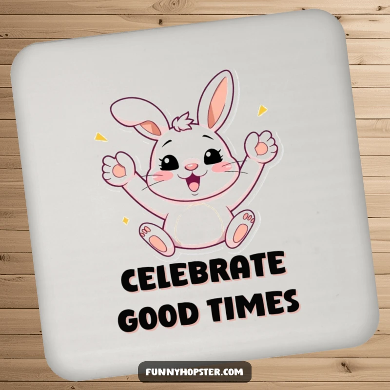 Funny Bunny Celebration Drink Coasters: Set featuring a bunny celebrating with paws up, adding festive charm and protecting surfaces, ideal funny gift.