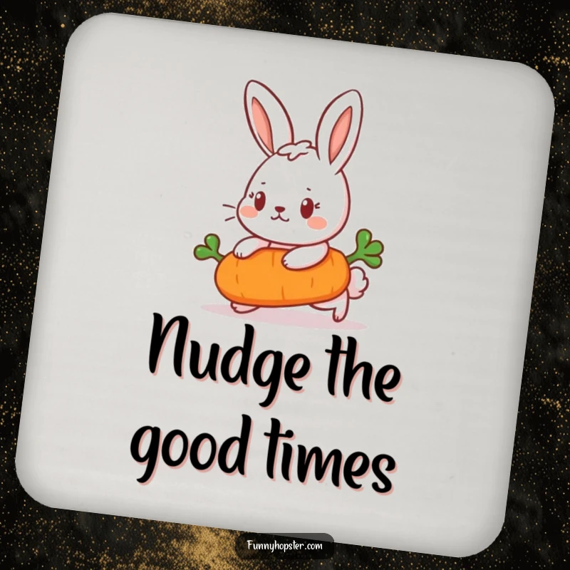 Funny Coaster with a determined rabbit pushing a carrot, protecting surfaces with drive and humorous encouragement.