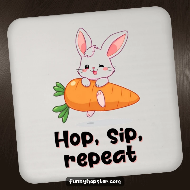 Funny drink coaster showing a fluffy bunny character with large ears bouncing on a giant carrot, adding a touch of fun.