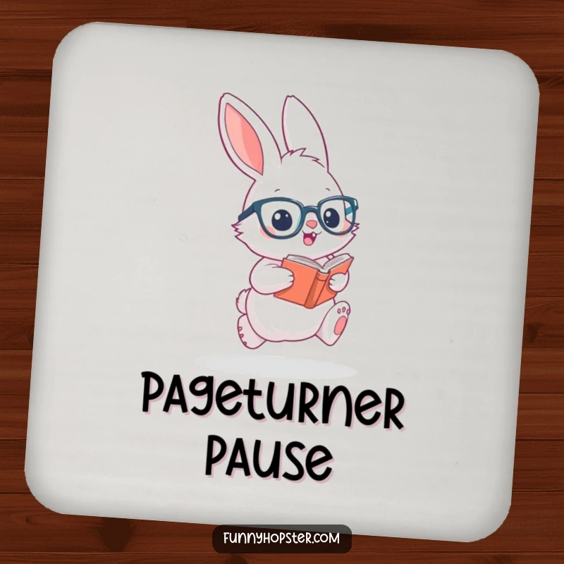 Funny drink coaster showcasing a fluffy rabbit with glasses and a book, protecting surfaces with academic charm.