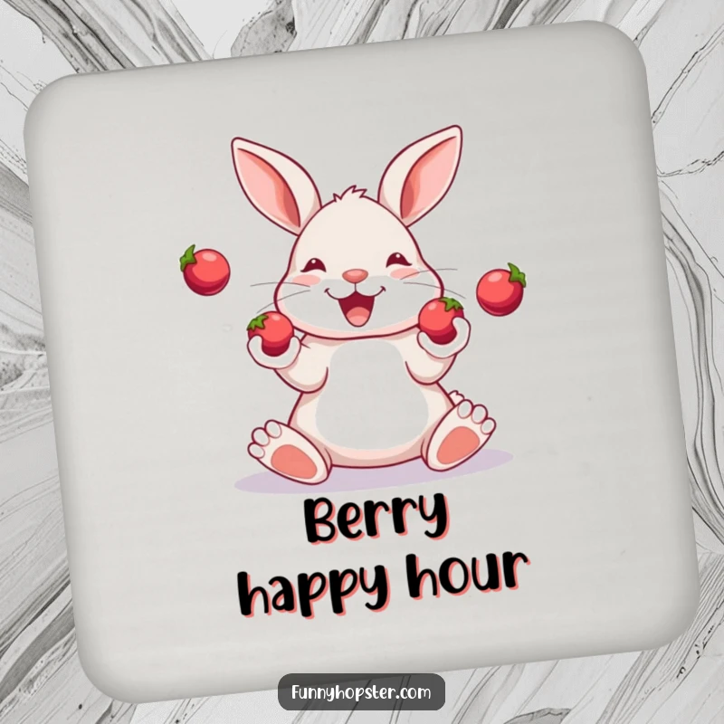Funny drink coaster featuring a happy rabbit skillfully juggling three small, shiny berries with its paws.