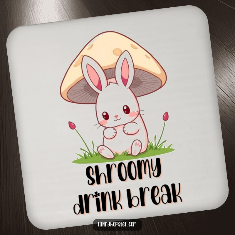 Funny kawaii rabbit drink coasters depicting a cute bunny peeking curiously from behind a mushroom, adding charm to your table.
