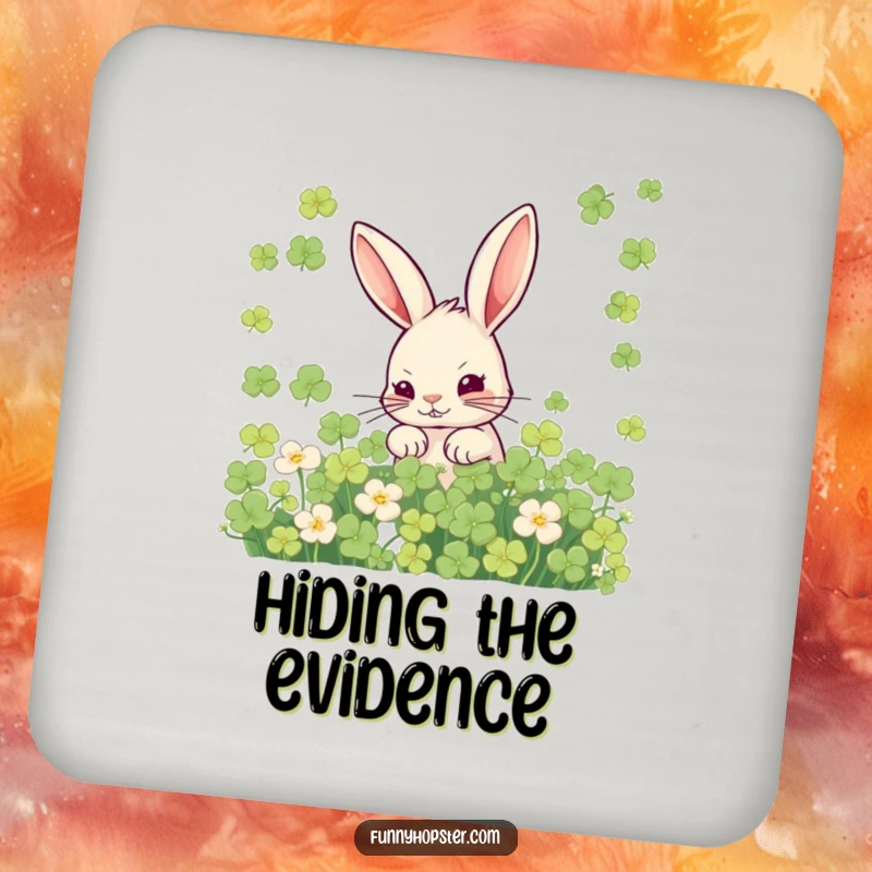 Funny drink coaster featuring a mischievous rabbit hiding in clover, protecting surfaces with a humorous and secretive design.