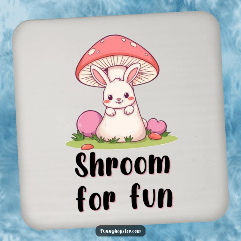 Funny drink coaster with a mischievous rabbit peeking from behind a giant mushroom, protecting surfaces.