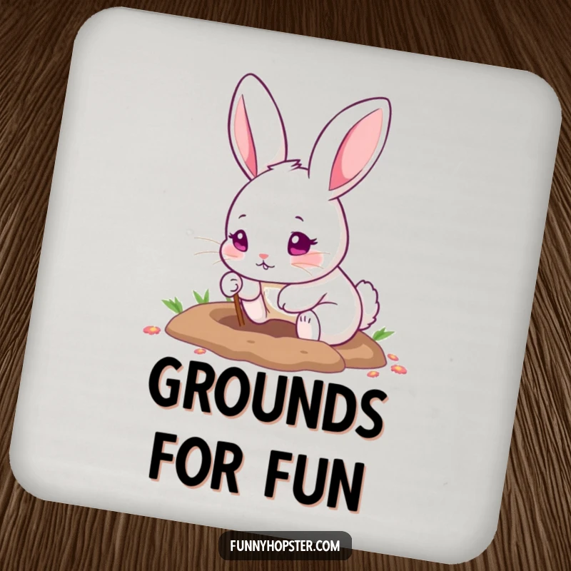 Funny drink coaster with a cute pink-eyed rabbit digging a hole with its tiny paws, adding a touch of whimsical fun.