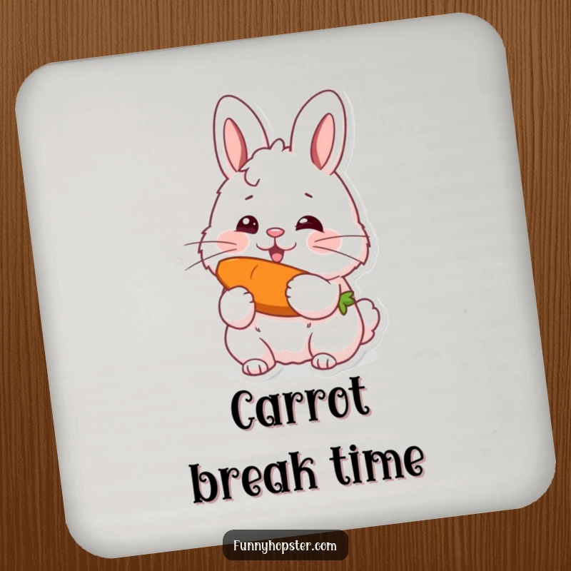 Funny drink coaster featuring a fluffy rabbit with twitching whiskers, happily munching on a carrot, ideal for table protection.