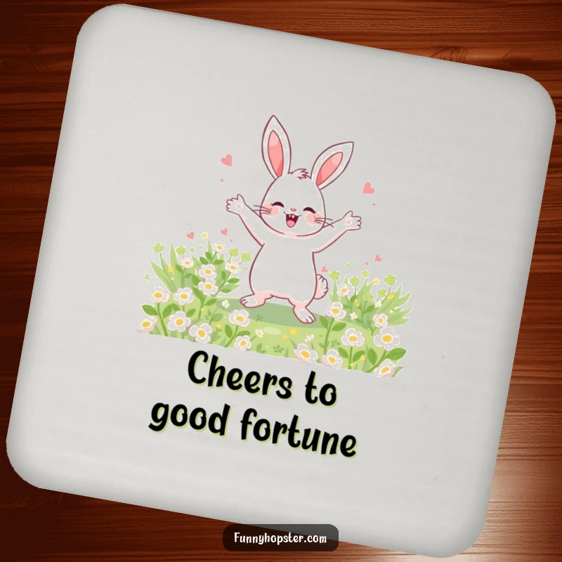 Funny Drink Coaster with a happy rabbit dancing in a clover field, perfect for adding cheerful flair.
