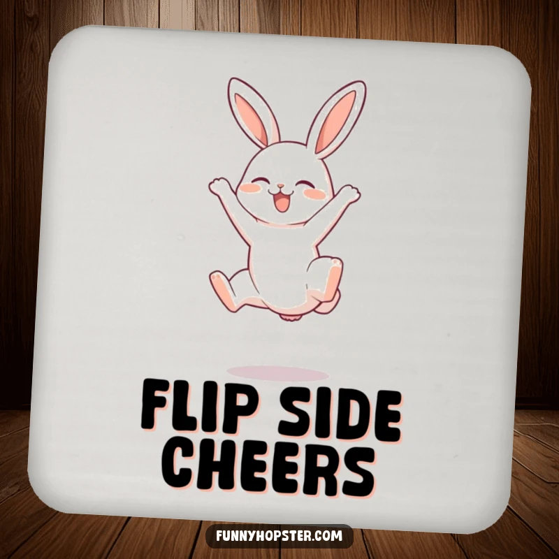 Funny drink coaster with a rabbit character doing a joyful somersault with its legs in the air, offering stylish protection.