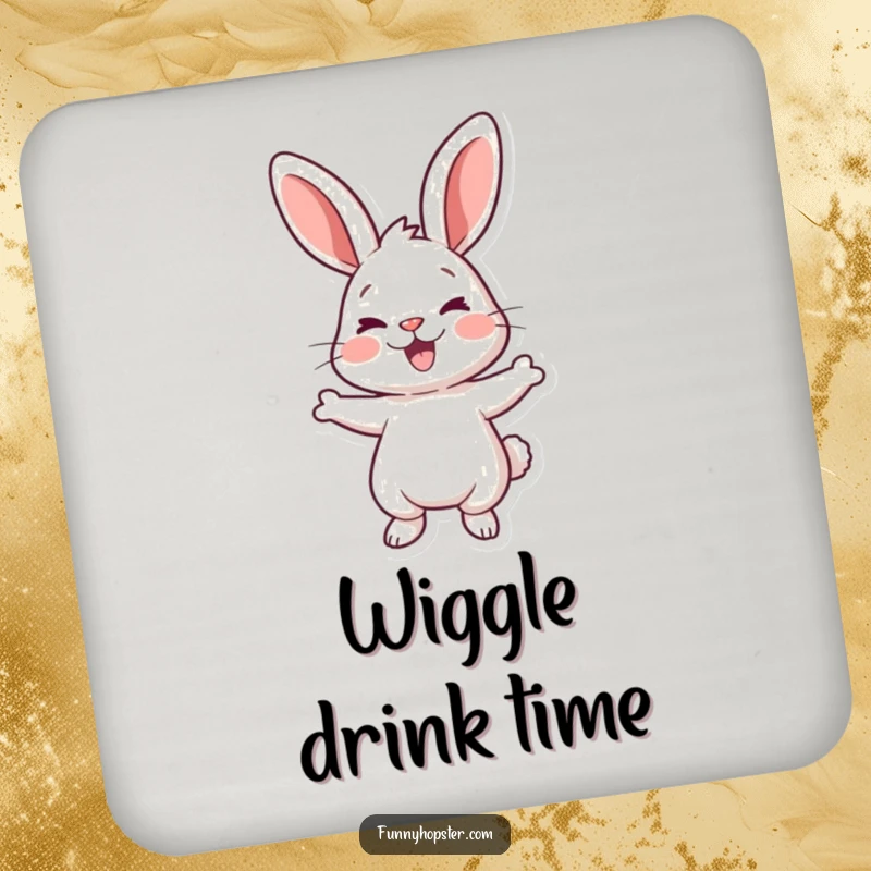 Funny coaster featuring a cartoon rabbit doing a happy wiggle, protecting furniture with a smile.