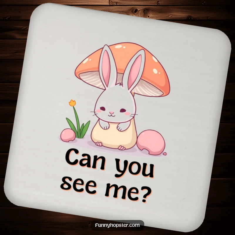 Funny Coaster with a shy rabbit's ears peeking over a mushroom, protecting surfaces with charming, hidden humor.