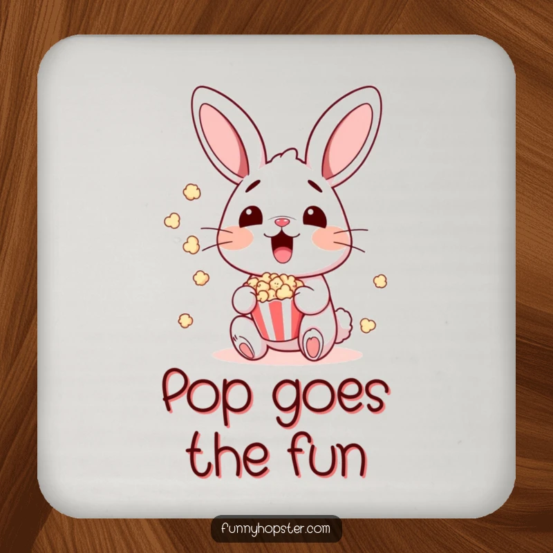 Funny bunny character in shock with popcorn flying, designed for a drink coaster, bringing humor.