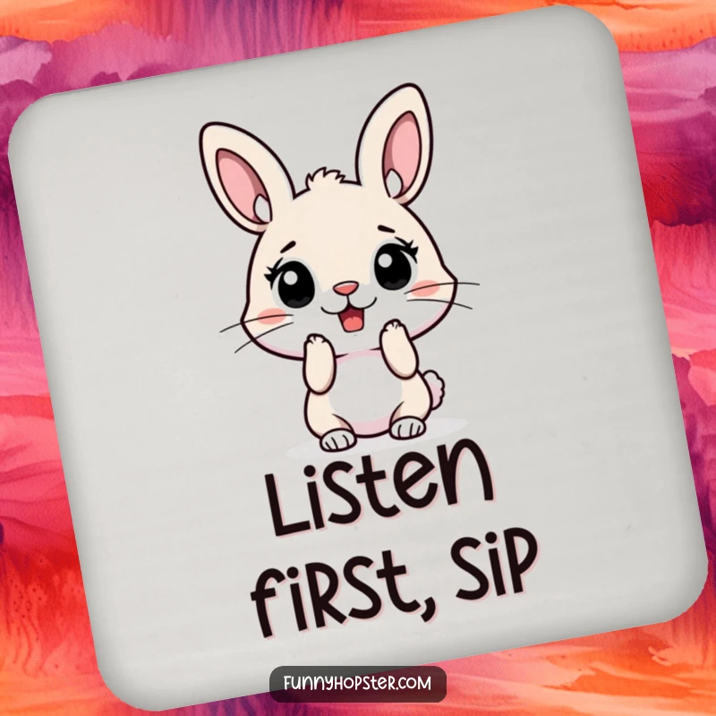 Funny drink coaster featuring a surprised rabbit with its ears perked high, protecting surfaces with a humorous design.