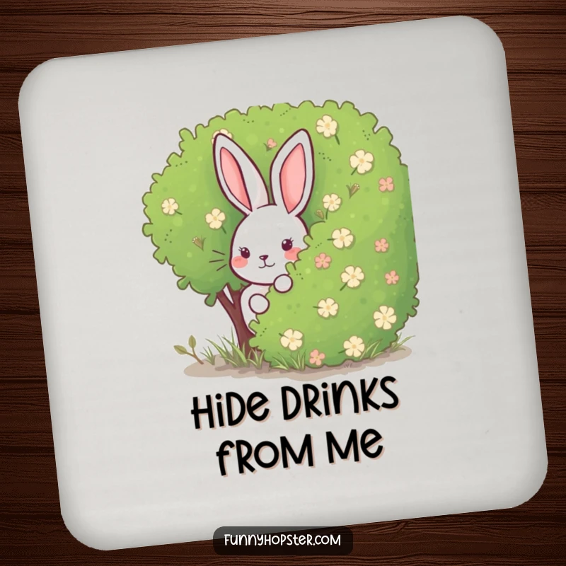 Funny Rabbit Coasters: A set of coasters showing a rabbit hiding behind a bush, adding playful charm and protection to your furniture.