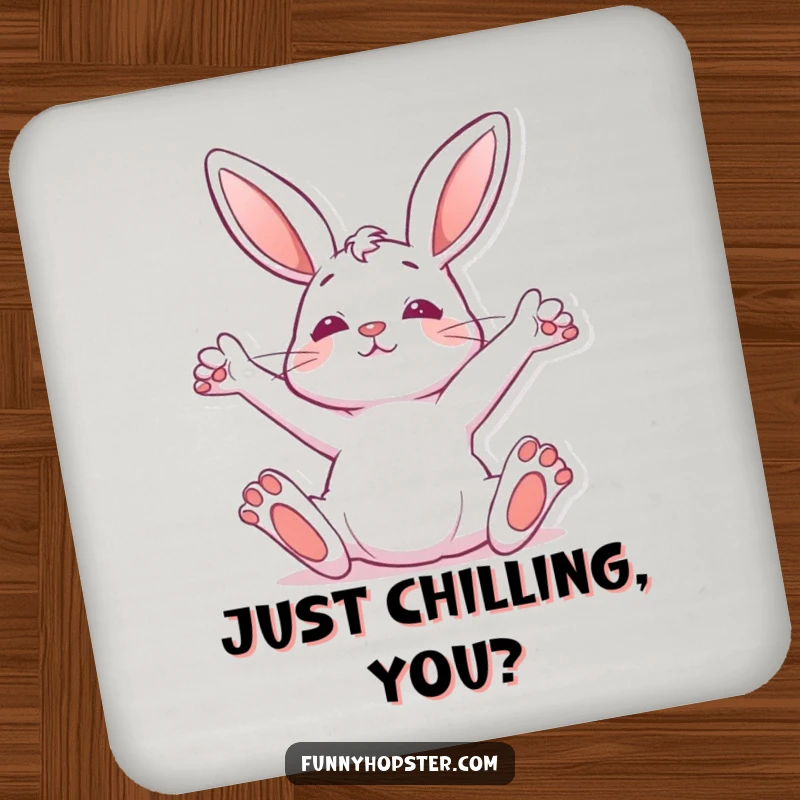 Funny Coaster with a rabbit stretching upwards, bringing relaxed vibes and humor to surface protection.