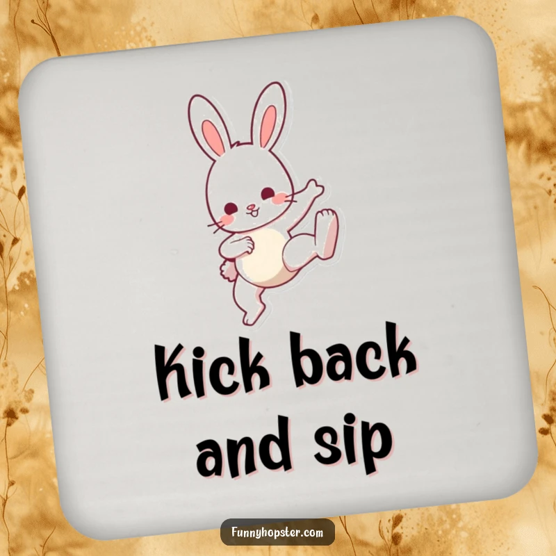 Funny Bunny Kick Drink Coasters: Set featuring a bunny in a cute kick pose, adding playful energy and protecting surfaces, ideal funny gift.