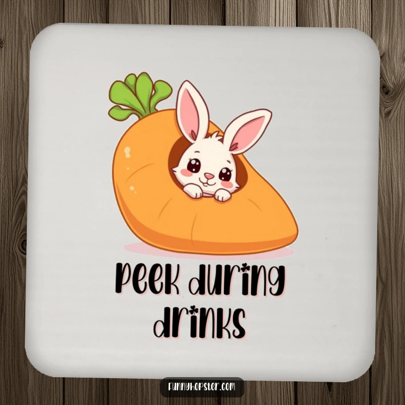 Funny drink coaster of a curious rabbit peeking from a giant carrot, adding playful mystery and charm.