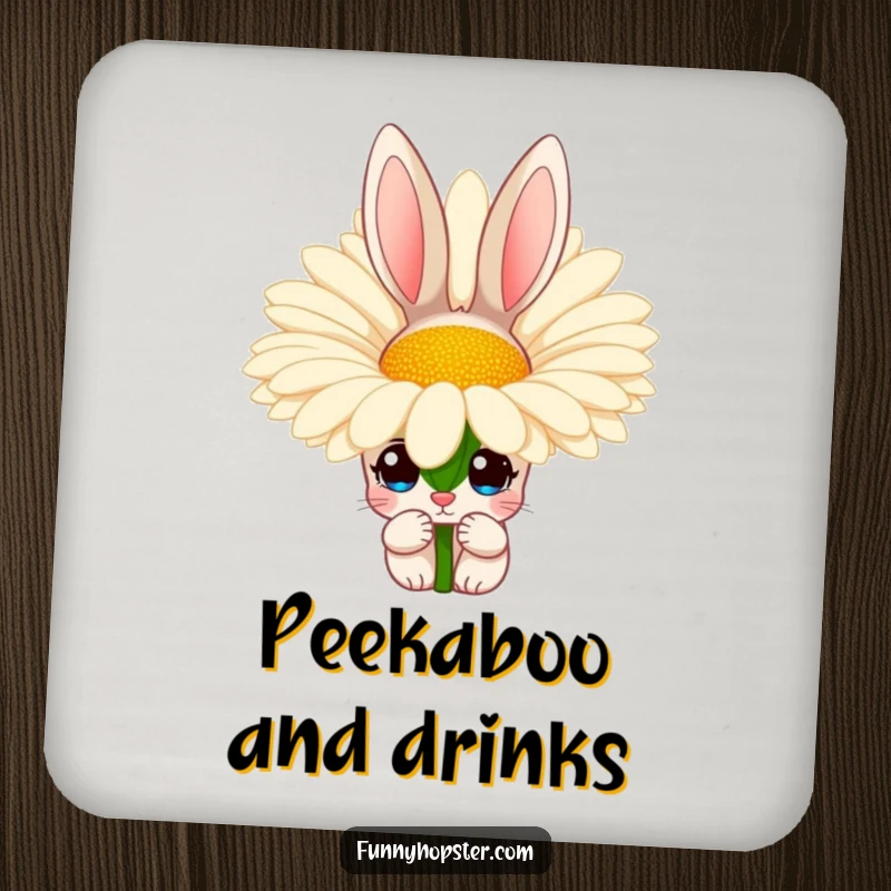 Funny drink coaster with a rabbit character having wide, curious eyes, peeking from behind a giant daisy, protecting surfaces.