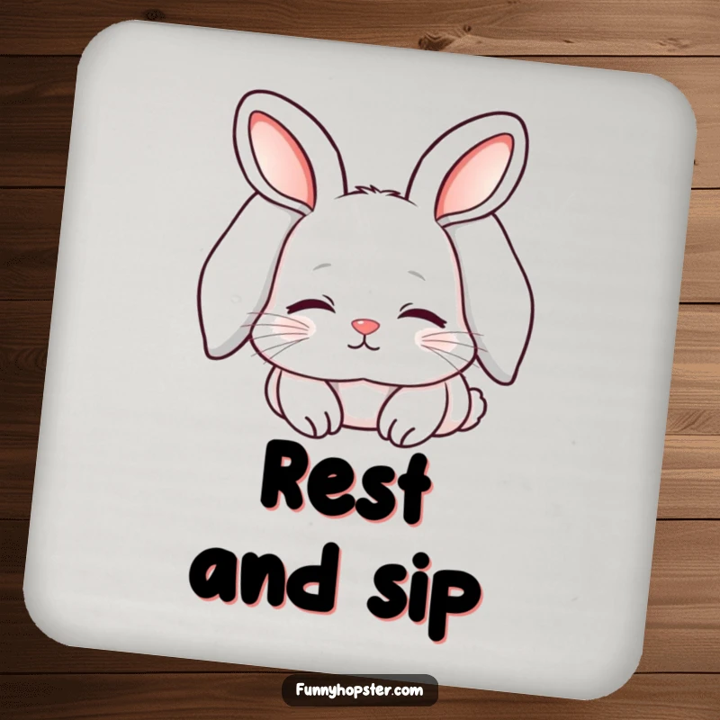 Funny drink coaster featuring a kawaii rabbit with long, flopped ears, looking sleepy and content, adding cozy charm to any surface.