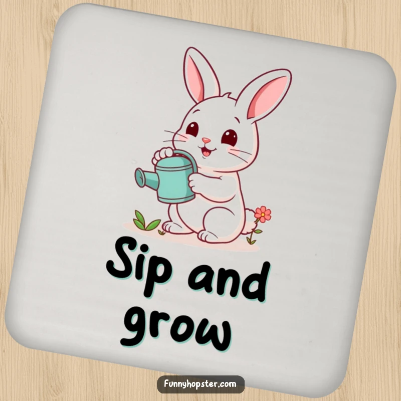 Funny drink coaster with a cheerful rabbit holding a watering can and tending to a small flower, offering surface protection.