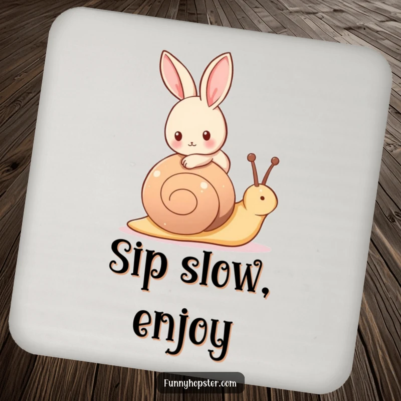Funny drink coaster featuring a tiny rabbit riding on the back of a friendly, slow-moving snail.