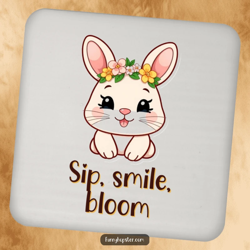 Funny drink coasters with a smiling rabbit wearing a tiny flower crown, protecting surfaces with a charming and humorous design.