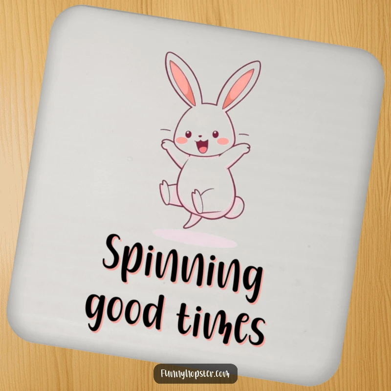 Funny drink coaster of a cheerful rabbit doing a cartwheel, ears trailing, adding a dynamic and humorous touch.