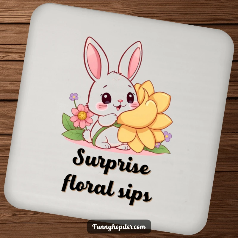 Funny drink coaster featuring a surprised kawaii rabbit discovering a giant flower, protecting surfaces with natural charm.
